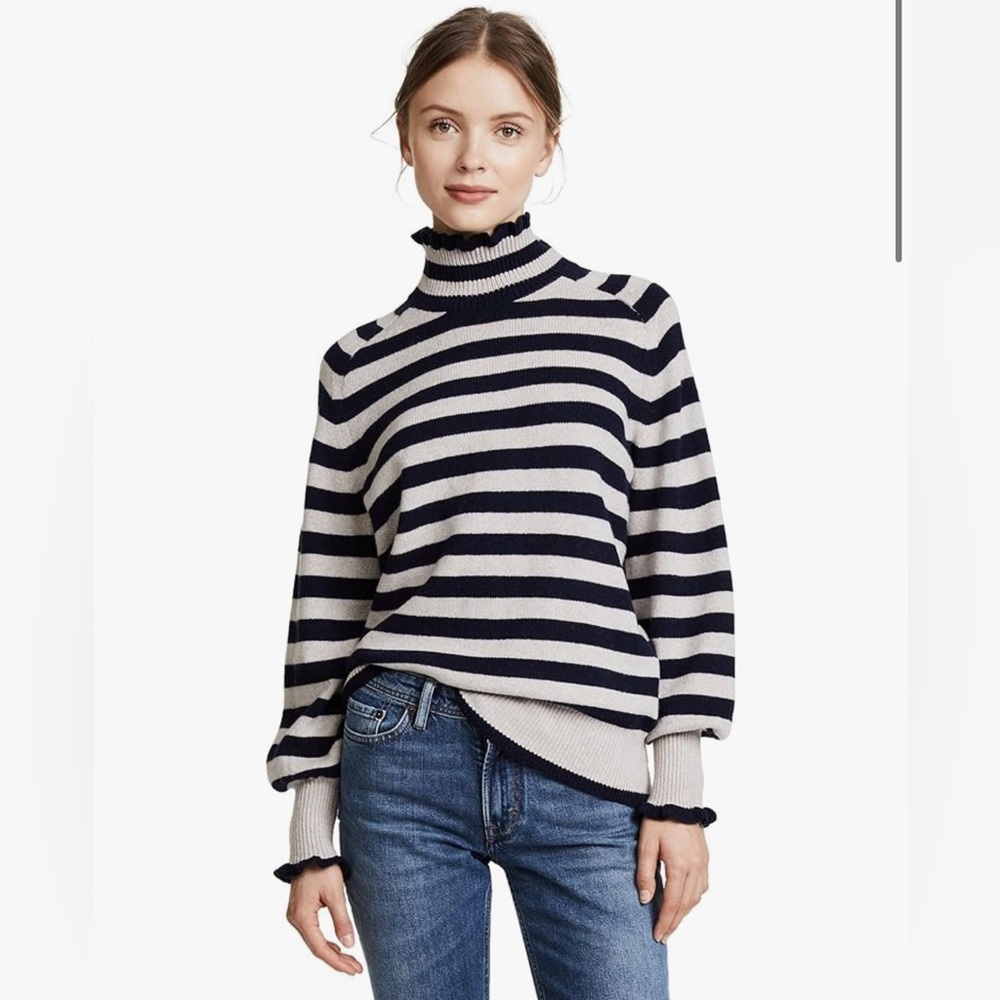 Rebecca Taylor Striped Turtleneck Sweater - Navy and Creamy Light Gray